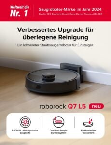 roborock Q7 L5 Saugroboter, Dual Anti-Tangle System, 8.000 Pa HyperForce Saugkraft, Präzise Navigation, Smart No-Go Zone, Einstiegsleistung, Perfekt für Haustierbesitzer (Schwarz)