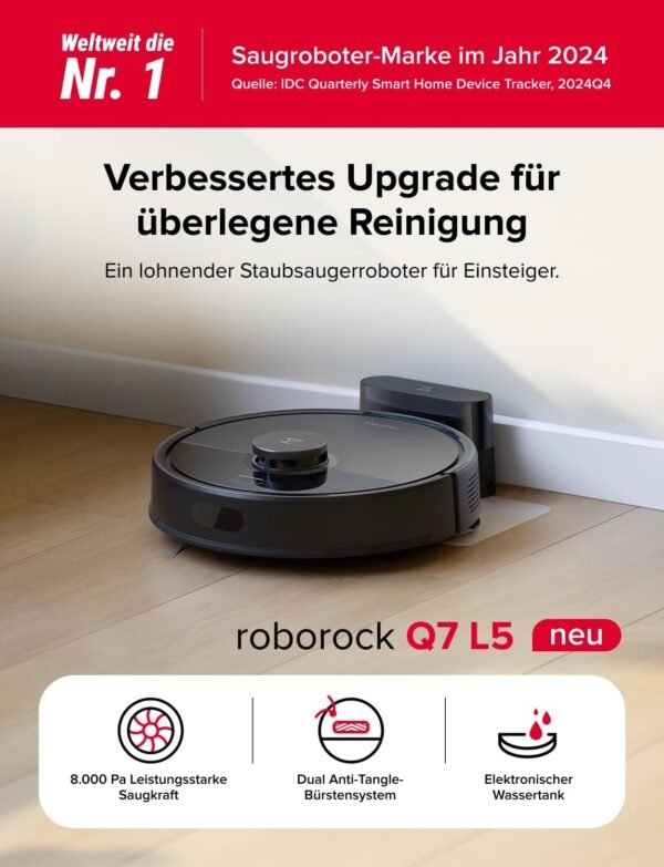 roborock Q7 L5 Saugroboter, Dual Anti-Tangle System, 8.000 Pa HyperForce Saugkraft, Präzise Navigation, Smart No-Go Zone, Einstiegsleistung, Perfekt für Haustierbesitzer (Schwarz)