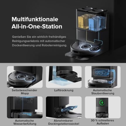 roborock Qrevo Serie Saugroboter mit Wischfunktion, 8000Pa Saugkraft(verbessert von Qrevo S), Anti-Verfilzungs-Seitenbürste, Hindernisvermeidung, LiDAR-Navigation, All-in-One Dock,Schwarz(QV 35A Set)