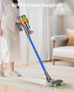 Akku Staubsauger, 50KPA/600W/70Mins Staubsauger Kabellos mit Selbststehend, 1,8L Großer Staubbecher, Anti-Tangle-Bürste, 8-stufiges Filtersystem Grünes Licht für Hartböden Teppiche Tierhaare