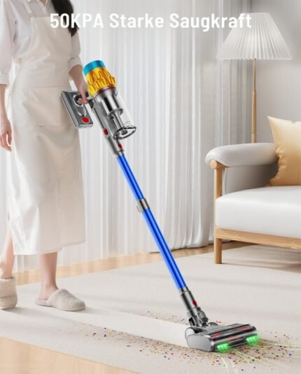 Akku Staubsauger, 50KPA/600W/70Mins Staubsauger Kabellos mit Selbststehend, 1,8L Großer Staubbecher, Anti-Tangle-Bürste, 8-stufiges Filtersystem Grünes Licht für Hartböden Teppiche Tierhaare