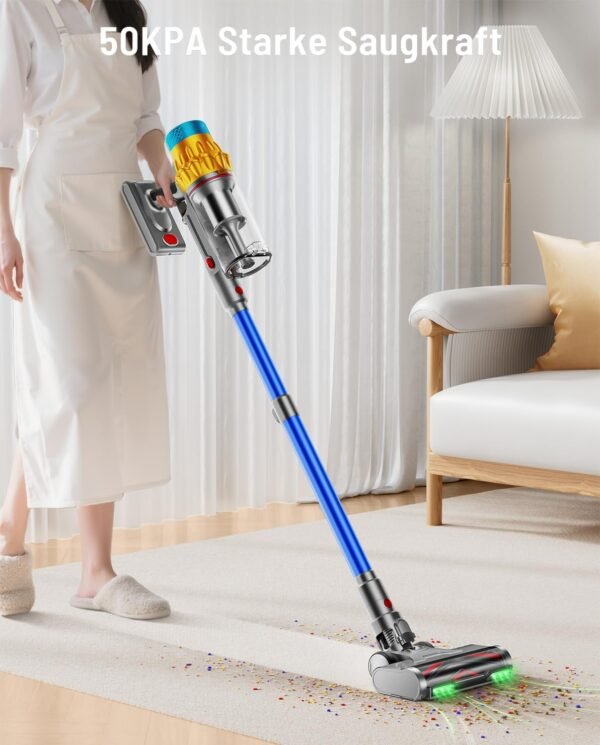 Akku Staubsauger, 50KPA/600W/70Mins Staubsauger Kabellos mit Selbststehend, 1,8L Großer Staubbecher, Anti-Tangle-Bürste, 8-stufiges Filtersystem Grünes Licht für Hartböden Teppiche Tierhaare