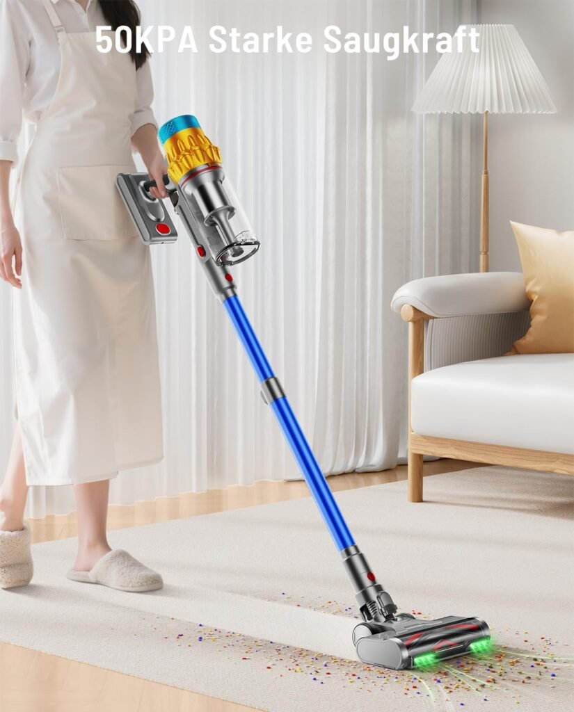 Akku Staubsauger, 50KPA/600W/70Mins Staubsauger Kabellos mit Selbststehend, 1,8L Großer Staubbecher, Anti-Tangle-Bürste, 8-stufiges Filtersystem Grünes Licht für Hartböden Teppiche Tierhaare