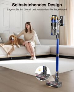 Akku Staubsauger 45000Pa/550W/65Min, 1,6L Staubsauger Kabellos mit Display, Anti-Tangle-Bürste, Selbststehend, Wandladestation, 8-Schicht-Filtration, Ultraleise, für Tierhaare/Teppiche/Hartböden/Auto