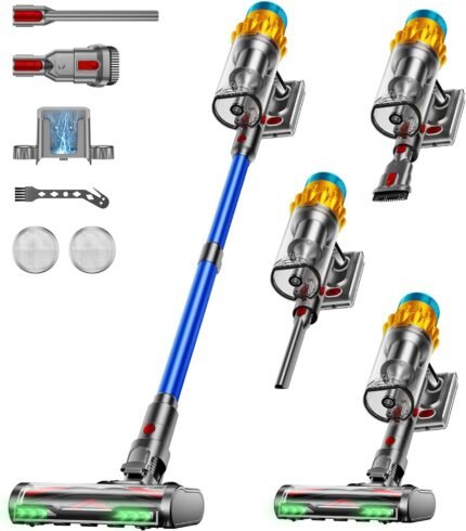 Akku Staubsauger, 50KPA/600W/70Mins Staubsauger Kabellos mit Selbststehend, 1,8L Großer Staubbecher, Anti-Tangle-Bürste, 8-stufiges Filtersystem Grünes Licht für Hartböden Teppiche Tierhaare