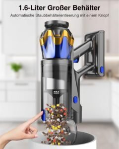 Akku Staubsauger 45000Pa/550W/65Min, 1,6L Staubsauger Kabellos mit Display, Anti-Tangle-Bürste, Selbststehend, Wandladestation, 8-Schicht-Filtration, Ultraleise, für Tierhaare/Teppiche/Hartböden/Auto