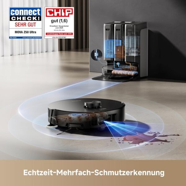 Mova Z50 Ultra saugroboter mit wischfunktion mit 19,000 Pa, 18N Abwärtsdruck, Lift-Mopp & Bürste, Tricut, DToF+RGB AI-Hindernisvermeidung, 75 °C Heißwasser-Mopp, Selbstreinigend, Auto Entl./Nachfüll