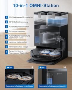 ECOVACS DEEBOT T50 PRO Omni Gen2 Saugroboter mit Wischfunktion, Ausfahrende Seitenbürste und Wischmopp, 21.000 Pa, Auto Zugabe von Reinigungslösung, Moppwäsche mit 75°C heißem Wasser, Ultradünn 81 mm