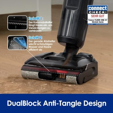 Tineco Floor ONE S7 Stretch Ultra Nass Trockensauger, 180° Lay-Flat Nasssauger, 85°C 5 Min Flashdry-Selbstreinige, 50 Min Laufzeit, DualBlock Anti-Tangle, Beide Kantenreinigen, Reinigen unter Möbeln